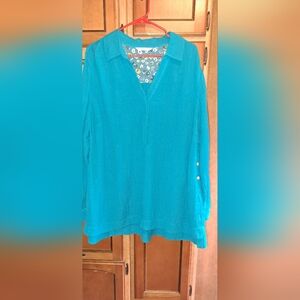 Ladies Soft Surroundings Torquiose Blouse Roll Tab Sleeves Side Button Slits 1X